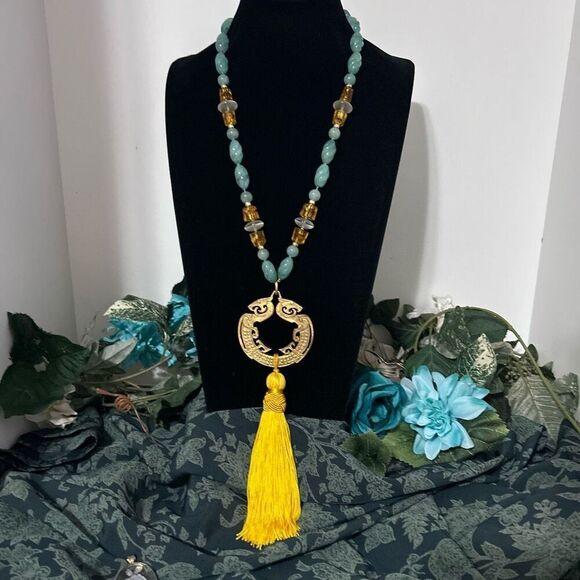 Jadeite Gemstones Tassel Necklace 12" Blue Gold-tone Chinese Zodiac Medallion - Picture 9 of 14